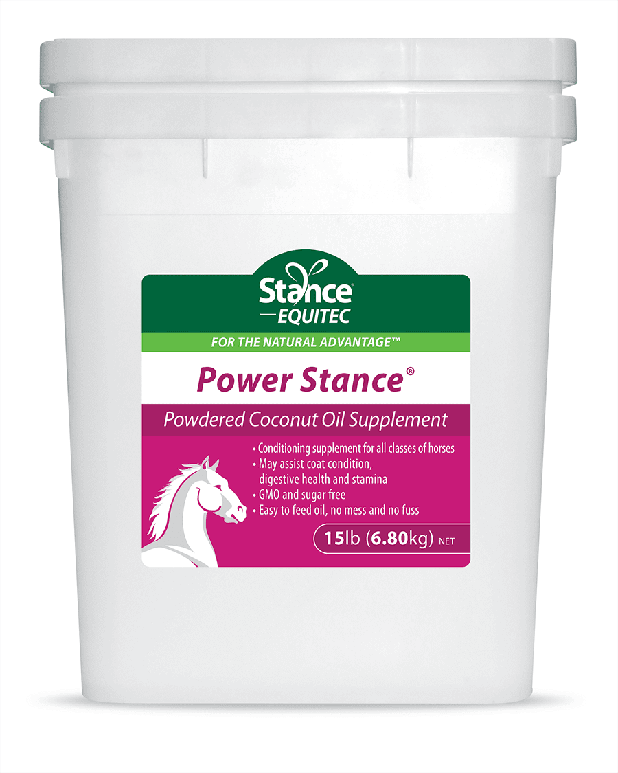 A container of power stance supplement for horses.