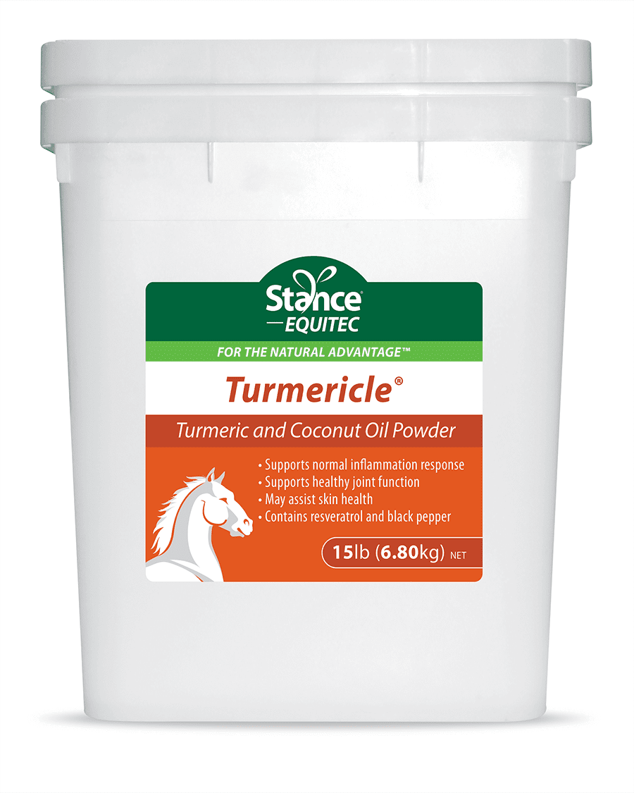 A container of horse feed with the label for turmericle.