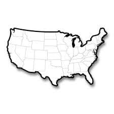 A white map of the united states with no labels.